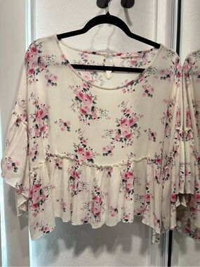 miami Cream Blouse with Pink Floral Ruffle Hem